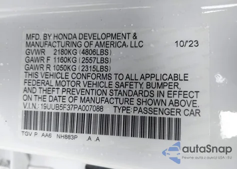 2023 Acura Tlx Standard from USA, damaged, VIN 19UUB5F37PA007088